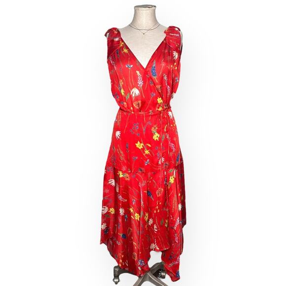 THE KOOPLES Motif Floral Midi Dress Handkerchief Hem Festival Coquette Boho Red - Picture 3 of 13